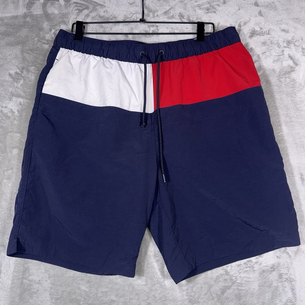 Tommy Hilfiger Men Red White & Navy Swim Trunks Surfer Coastal Shorts Size XL